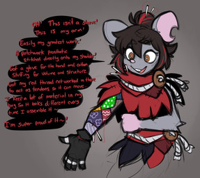 5_fingers anthro biped black_hair brown_eyes buckteeth button_(fastener) clothed clothed_anthro clothed_female clothing conjoined_speech_bubble dialogue eyebrow_through_hair eyebrows female fingers front_view fur gloves grey_background grey_body grey_fur hair handwear notched_ear one_glove open_mouth open_smile patchwork_clothing pink_nose pink_paws pose prosthetic prosthetic_arm prosthetic_limb rope sewing_needle simple_background smile solo speech_bubble talking_to_viewer teeth text thread translucent translucent_hair mewgle stitch_(mewgle) animate_inanimate hybrid mammal mouse murid murine rodent 2025 colored digital_drawing_(artwork) digital_media_(artwork) english_text