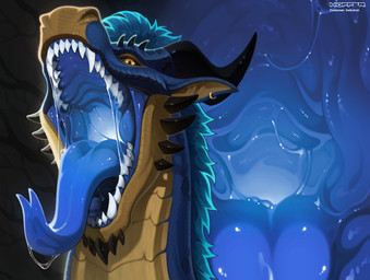 blue_body blue_hair bodily_fluids drooling drooling_tongue fangs feral fin fire flippers hair horn light_mouth male mouth_shot open_mouth piercing saliva scales snout solo spikes teeth throat tongue tongue_out yellow_body yellow_eyes hoffersanchez mythology drembonaarkrah dragon mythological_creature mythological_scalie scalie hi_res