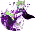 anthro bottomwear cape clothed clothing electronics fur green_body green_eyes green_fur green_hair green_nose hair headphones kerchief male musical_note musical_symbol one_eye_closed pants shirt simple_background solo symbol tongue tongue_out topwear torn_clothing white_background wink kuroryushin-kuma niic canid canine canis domestic_dog mammal digital_media_(artwork) restricted_palette