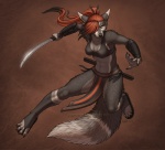 anthro bottomwear clothed clothing crotch_apron female hair hair_over_eye loincloth melee_weapon midriff one_eye_obstructed red_hair skimpy solo sword tail weapon katie_hofgard fatecoyote canid canine canis coyote fox hybrid mammal 2011