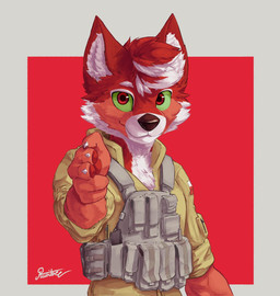 anthro cheek_tuft clothed clothing facial_tuft fur gesture green_sclera hand_gesture head_tuft inner_ear_fluff looking_at_viewer male multicolored_body multicolored_fur pointing pointing_at_viewer red_background red_body red_eyes red_fur simple_background solo tuft two_tone_body two_tone_fur white_body white_fur ruribec canid canine canis mammal wolf 2019 digital_media_(artwork) hi_res shaded signature