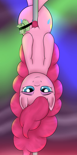 bedroom_eyes blue_eyes cutie_mark dancing female feral genitals hair half-closed_eyes looking_at_viewer money narrowed_eyes pink_hair pole pole_dancing seductive smile solo stripper stripper_pole upside_down vulva void236 friendship_is_magic hasbro my_little_pony pinkie_pie_(mlp) earth_pony equid equine horse mammal pony 2015 absurd_res hi_res