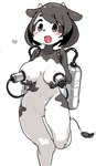 anthro barely_visible_areola black_body black_fur blush bodily_fluids breast_milking female fur hair heart_symbol horn lactating looking_at_viewer machine milking_machine nude open_mouth simple_background smile solo white_background white_body white_fur sakamoto_ahiru bovid bovine cattle mammal