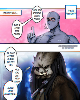 clothed clothing covered_face dreadlocks male mandibles multicolored_body pseudo_hair text uniform acethemutant predator_(franchise) alien human humanoid mammal yautja comic english_text hi_res