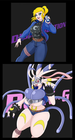 5_fingers anthro big_breasts bottomwear breasts clothing digimorph female fingerless_gloves fingers gloves handwear huge_breasts jacket red_eyes shirt shorts solo topwear transformation white_body urusee584 bandai_namco digimon digimon_(species) human lekismon mammal absurd_res comic hi_res