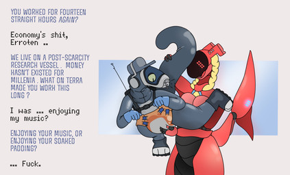 ambiguous_gender anthro bodily_fluids diaper duo genital_fluids held_by_tail profanity teasing text unclean_diaper urine used_diaper using_diaper wet_diaper wetting wetting_diaper moopleplush anonymous_character synth_(vader-san) english_text hi_res
