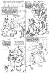 bottomless breasts clothed clothing dialogue duo eyewear female fur goggles hair hug in_heat male text whiskers kacey chakona_space garrek goldfur canid canid_taur canine canine_taur chakat felid felid_taur fox fox_taur mammal mammal_taur taur comic english_text monochrome herm_(lore)