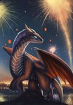 ambiguous_gender black_body black_scales blue_mane detailed_background feral fireworks glowing glowing_markings looking_back mane markings membrane_(anatomy) membranous_wings night outside scales solo tail wings linchen european_mythology mythology dragon mythological_creature mythological_scalie scalie western_dragon absurd_res hi_res