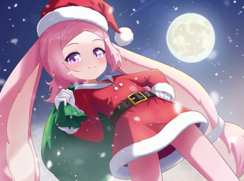 belt blush christmas_clothing christmas_headwear clothing costume dress female fur hair hand_on_hip hat headgear headwear holidays long_ears looking_at_viewer low-angle_view moon night pink_body pink_fur pink_hair ponytail present_sack purple_eyes red_clothing red_dress sack santa_costume santa_dress santa_hat short_dress short_hair short_ponytail smile snow solo roomie.parn 12tails christmas rabbit_(12tails) animal_humanoid humanoid lagomorph lagomorph_humanoid mammal mammal_humanoid hi_res