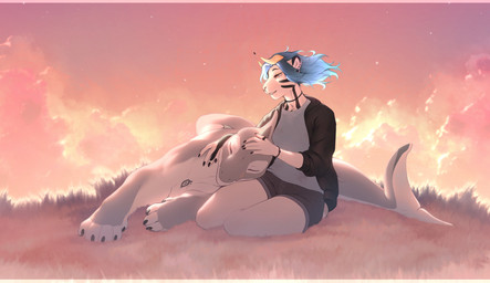 4_toes 5_fingers ambiguous_gender anthro biped blue_hair bottomwear breasts claws clothed clothed_anthro clothed_female clothing cloud duo ear_piercing eyes_closed feet female finger_claws fingers fully_clothed fully_clothed_anthro fully_clothed_female grey_body grey_tail hair horn lying on_side outside piercing pink_eyes sitting sky sleeping tail toe_claws toes topwear smileeeeeee nebula_(smu) felid feline fish mammal marine shark 2025 digital_drawing_(artwork) digital_media_(artwork) hi_res