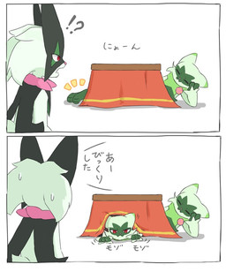ambiguous_gender anthro arm_support claws emanata evolutionary_family eyes_closed fur furniture green_body green_fur green_hair group hair interrobang kotatsu leaning_on_elbow open_mouth paws red_eyes simple_background table tail text trio ylit nintendo pokemon felid feline floragato generation_9_pokemon mammal meowscarada pokemon_(species) 2025 comic japanese_text translated