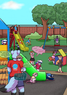 anthro dialogue diaper female group male outside pacifier playground playing text young babystar gemma_polson animal_humanoid canid canine felid felid_humanoid feline feline_humanoid fox humanoid mammal mammal_humanoid rodent sciurid tree_squirrel comic english_text hi_res