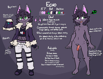 3_toes 5_fingers anthro balls bottomwear clothed clothed_anthro clothed_male clothing colored_nails deaf disability ear_piercing eyewear feet fingernails fingers fishnet_clothing fishnet_topwear front_view fully_clothed fully_clothed_anthro fully_clothed_male fur fur_trim_(clothing) genitals glasses green_eyes green_fingernails green_nails green_toenails hair hearing_aid jacket male male_anthro nails nude nude_anthro nude_male open_clothing open_jacket open_mouth open_topwear penis piercing pronouns purple_body purple_fur purple_hair round_glasses solo standing stated_height stated_pronouns stated_species teeth text toenails toes tongue topwear mewgle echo_(mewgle) bat mammal 2025 artist_name hi_res model_sheet