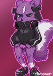 black_clothing black_hoodie black_topwear bottomless clothed clothing clothing_lift female genitals hoodie purple_body pussy shirt shirt_lift topwear doathejackalope aggretsuko sanrio shikabane_(aggretsuko) mammal mephitid skunk hi_res