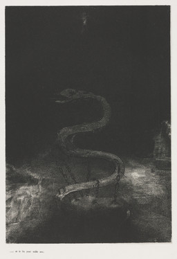 ambiguous_feral ambiguous_gender bound chain chained chained_to_floor darkness detailed_background empty_eyes feral high-angle_view open_mouth restraints scales serpentine solo text odilon_redon bible public_domain satan reptile scalie snake 1899 19th_century absurd_res ancient_art french_text hi_res lithograph_(artwork) monochrome traditional_media_(artwork)