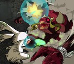 anthro beady_eyes brown_body brown_fur duo energy fight fur horn long_ears male red_eyes white_body white_fur marginswide bandai_namco digimon digimon_(species) terriermon wendigomon absurd_res hi_res