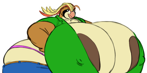 anthro areola areola_slip beak big_areola big_breasts blonde_hair bottomwear breasts brown_areola brown_body cleavage clothed clothing curly_hair female hair hands_on_hips huge_areola huge_breasts huge_hips hyper hyper_breasts hyper_hips looking_at_viewer multicolored_body nipple_outline nipples nipples_visible_through_clothing overweight overweight_anthro overweight_female panties pants red_hair shirt simple_background smile solo thong thong_straps topwear two_tone_body underwear white_background wide_hips itzcharlie third-party_edit seth65_(colorist) nintendo pokemon rosa_pyle avian bird generation_1_pokemon pidgeot pokemon_(species) color_edit colored digital_media_(artwork) half-length_portrait portrait