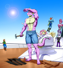 aged_up anthro anthrofied apron apron_only blonde_hair blue_body blue_eyes blue_feathers bodily_fluids bulge clothed clothing cowboy_hat eyewear feathered_wings feathers female flying green_eyes group hair hammer hat headgear headwear horn male mostly_nude multicolored_hair multicolored_tail muscular one_eye_closed outside pink_hair purple_hair rainbow_hair rainbow_tail sitting sky sun sunglasses sweat tail teal_eyes tools topless wings yellow_body yellow_feathers pia-sama friendship_is_magic hasbro my_little_pony mythology applejack_(mlp) fluttershy_(mlp) pinkie_pie_(mlp) rainbow_dash_(mlp) rarity_(mlp) spike_(mlp) dragon earth_pony equid equine horse mammal mythological_creature mythological_equine mythological_scalie pegasus pony scalie unicorn 2018 digital_media_(artwork)