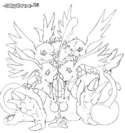 anthro balls bodily_fluids collaborative collaborative_fellatio collaborative_oral collaborative_sex cum erection fellatio gangbang genital_fluids genitals group group_sex male male/male male_penetrated male_penetrating male_penetrating_male oral oral_penetration penetration penile penis sex sideways_oral tail skycroc bandai_namco digimon digimon_(species) gazimon guilmon scalie 2006 black_and_white graphite_(artwork) monochrome traditional_media_(artwork)