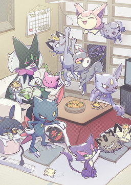 ambiguous_gender anthro black_body black_fur blue_eyes brown_body brown_fur calendar citrus_fruit claws eating eyelashes eyes_closed fangs feral finger_claws food fruit fur furniture green_body green_fur green_hair grey_body grey_fur group hair kotatsu looking_at_another male multicolored_body one_eye_closed open_mouth paws pink_body pink_eyes pink_sclera plant purple_body purple_eyes red_eyes sitting size_difference sofa table tail teeth toe_claws tongue toothy_grin trash_can two_tone_body whiskers yellow_body yellow_eyes yellow_sclera muraselelait nintendo pokemon alolan_form alolan_meowth arachnid arthropod espurr felid feline galarian_form galarian_meowth generation_1_pokemon generation_2_pokemon generation_3_pokemon generation_4_pokemon generation_5_pokemon generation_6_pokemon generation_7_pokemon generation_8_pokemon generation_9_pokemon glameow hisuian_form hisuian_sneasel hoppip joltik litten mammal meowscarada meowth pokemon_(species) purrloin regional_form_(pokemon) skitty sneasel sprigatito trubbish 2026 hi_res signature