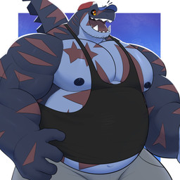 4_fingers anthro big_hands big_muscles black_clothing black_nipples black_sclera black_shirt black_topwear bottomwear clothing dorsal_fin fangs fin fingers gills happy hat headgear headwear male muscular muscular_arms navel nipples non-mammal_navel non-mammal_nipples open_mouth open_smile orange_eyes overweight overweight_male pecs scar scars_all_over shirt simple_background smile solo tank_top teeth topwear undersized_clothing same22shark nelson_(same22shark) aquatic fish shark 1:1 2024 digital_media_(artwork) hi_res