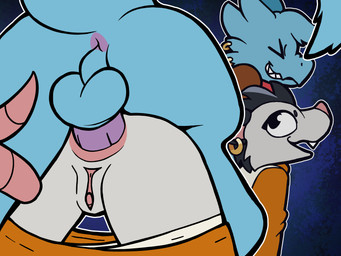 anal anal_penetration anthro anus backsack balls butt clitoris duo ear_piercing female genitals gynomorph gynomorph/female intersex intersex/female penetration piercing prehensile_tail rear_view tail tail_wrapped_around_leg vulva otterjunk drake_(cobalt_core) riggs_(cobalt_core) american_opossum kobold mammal marsupial scalie virginia_opossum 2026 4:3 absurd_res hi_res