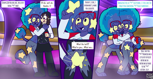 4_panel_comic afro anthro arms_around_another beanie blush bottomwear clothing container crop_top cup dance_club dialogue disposable_cup drunk duo earmuffs eyewear female glasses happy hat headgear headwear holding_container holding_cup holding_object hug hug_from_side hugging_another human_to_anthro jacket letterman_jacket long_sleeves shirt skirt smack smacking smile species_transformation speech_bubble substance_intoxication tail tail_motion tailwag text topwear transformation twinning nx-42 canid canine canis domestic_dog human mammal poodle comic english_text hi_res