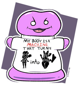ambiguous_gender before_and_after border clothing empty_eyes grey_background implied_transformation open_mouth outline pokemon_professor purple_body shirt silhouette simple_background smile solo text text_on_clothing text_on_shirt text_on_topwear tongue topwear white_border white_clothing white_outline white_shirt white_topwear chabble my_body_is_a_machine nintendo pokemon big_ditt_(chabble) professor_burnet ditto_(pokemon) generation_1_pokemon human mammal pikachu pokemon_(species) english_text hi_res