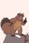 anthro belly blush duo looking_down macro male male/male micro overweight size_difference size_play slightly_chubby toony andythetanuki rygel_spkb andythetanuki_(character) canid canine mammal raccoon_dog tanuki absurd_res hi_res