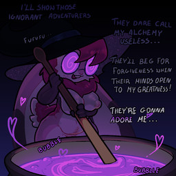 alchemist anthro belly big_breasts breasts cauldron cheek_tuft clothing eyewear facial_tuft female fluffy fluffy_tail fur glasses hat headgear headwear long_ears love_potion magic_user nipples onomatopoeia pink_body pink_fur potion puffy_nipples solo sound_effects spiral_glasses staff standing tail text tuft witch witch_hat xonn wrea_(xonn) lagomorph leporid mammal rabbit 1:1 english_text