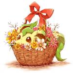 ambiguous_gender basket blush container feral flower flower_basket in_basket plant ribbons shadow simple_background solo kuronekotarou nintendo pokemon eeveelution generation_4_pokemon leafeon pokemon_(species) 1:1 digital_media_(artwork)