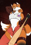 abstract_background anthro baseball_bat bat_(object) belt blind_eye blue_eyes bottomwear breasts clothing eye_scar facial_scar female fingers fox_tail furgonomics furry-specific_piercing holding_object holding_weapon horn horn_piercing legwear looking_at_viewer medium_breasts multicolored_body navel open_shorts patch_(fabric) piercing pose scar shorts shoulder_guards slim solo thigh_highs two_tone_body weapon tahomich0 crossout_(game) bibi_garter canid canine fox mammal 2022 absurd_res digital_media_(artwork) hi_res