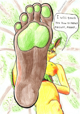 5_toes anthro brown_eyes brown_feet detailed_background dominant dominant_anthro dominant_male feet foot_fetish foot_focus forest green_nipples green_nose green_pawpads hand_on_hip humanoid_feet leaf leaf_clothing leaf_hair looking_at_viewer looking_down low-angle_view male nipples outside pawpads plant plant_hair plantigrade pseudo_hair soles solo speech_bubble standing stomping talking_to_viewer text toes toony tree yellow_body ferrumbunny nintendo pokemon eeveelution flareon generation_1_pokemon pokemon_(species) 2026 colored_pencil_(artwork) detailed english_text graphite_(artwork) hi_res traditional_media_(artwork)