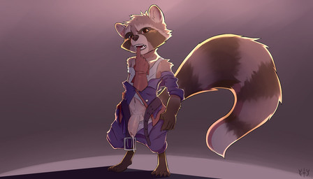 5_fingers 5_toes anthro backlighting belt belt_buckle big_tail biped black_belt black_nose bodily_fluids bottomwear bottomwear_pull brown_body brown_eyes brown_fur brown_markings brown_stripes buckle clothed clothed_anthro clothed_male clothing clothing_in_mouth clothing_pull digitigrade dipstick_tail feet fingers flaccid foreskin front_view fur genital_fluids genitals gloves gradient_background grey_background grey_body grey_clothing grey_fur grey_underwear handwear humanoid_genitalia humanoid_hands humanoid_penis jacket light long_tail looking_at_viewer male male_anthro markings mouth_hold multicolored_body multicolored_fur navel off_shoulder open_belt open_bottomwear open_clothing open_mouth open_pants pants pants_pull partially_clothed partially_clothed_anthro partially_clothed_male penis precum precum_string pubes purple_bottomwear purple_clothing purple_jacket purple_pants purple_topwear red_clothing red_gloves red_handwear ring_(marking) ringed_tail shirt simple_background solo standing striped_markings striped_tail stripes tail tail_markings tank_top teeth toes topwear undershirt underwear underwear_down undressing white_clothing white_markings white_sclera white_shirt white_tail_tip white_tank_top white_topwear furfit guardians_of_the_galaxy marvel rocket_raccoon mammal procyonid raccoon 2017 7:4 english_description full-length_portrait lighting portrait