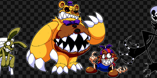 2_mouths 3_toes 4_fingers ambiguous_gender ambiguous_humanoid anthro arms_bent belly_mouth bent_arm bent_legs big_hands black_body black_eyes black_lips black_nose black_sclera blue_bottomwear blue_clothing blue_eyes blue_shorts bottomwear bow_tie brown_clothing brown_footwear brown_hair brown_inner_ear brown_shoes button_(fastener) chair checkered checkered_background cheek_spots claw_fingers clothed clothed_humanoid clothed_male clothing featureless_crotch feet fingers footwear fully_clothed fully_clothed_humanoid fully_clothed_male furniture furrowed_eyebrows green_body group hair hat headgear headwear larger_ambiguous larger_anthro larger_humanoid larger_male light lips long_ears looking_at_viewer machine male male_anthro male_humanoid multi_mouth multicolored_body nude_ambiguous nude_anthro nude_humanoid nude_male on_chair outline pattern_background pattern_clothing pattern_hat pattern_headgear pattern_headwear pupils purple_bow_tie purple_clothing purple_hat purple_headwear purple_top_hat red_clothing red_eyes red_nose red_shirt red_topwear seam_(sewing) shirt shoes short_hair shorts simple_background sitting sitting_on_chair size_difference smaller_anthro smaller_humanoid smaller_male smile smiling_at_viewer standing striped_clothing striped_fingers striped_hat striped_headgear striped_headwear stripes tan_body toes toothy_smile topwear triangle_nose whiskers white_eyes white_face white_outline white_pupils white_stripes wide_eyed yellow_body bobberbobman five_nights_at_freddy's five_nights_at_freddy's_4 five_nights_at_frickbear's five_nights_at_frickbear's_(series) five_nights_at_frickbear's_3 scottgames nightmare_balloon_boy_(fnaf) nightmare_balloon_boy_(frickbear's) nightmare_fredbear_(fnaf) nightmare_fredbear_(frickbear's) nightmarionne_(fnaf) nightmarionne_(frickbear's) plushtrap_(fnaf) plushtrap_(frickbear's) animatronic bear humanoid lagomorph leporid living_puppet mammal rabbit robot robot_humanoid 2025 absurd_res colored digital_drawing_(artwork) digital_media_(artwork) english_description hi_res lighting official_art shaded