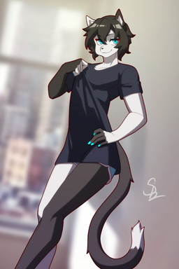 anthro black_body black_hair bottomwear clothed clothing dolphin_shorts hair male oversized_clothing shirt shorts solo standing topwear white_body nariikhan custom_ink domestic_cat felid feline felis mammal hi_res