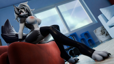 anthro areola big_breasts big_tail black_clothing black_gloves black_handwear black_legwear black_thigh_highs breasts claws clothing collar digitigrade dutch_angle fangs feet female furniture genitals glistening glistening_clothing glistening_legwear glistening_thigh_highs gloves glowing glowing_eyes hair handwear inner_ear_fluff inside legwear long_hair looking_at_viewer nipples notched_ear on_sofa open_mouth open_smile pawpads paws pink_areola pink_nipples red_sclera sitting sitting_on_sofa smile smiling_at_viewer sofa solo spiked_collar spikes tail teeth thigh_highs toeless_thigh_highs toes tuft ventral_groove vulva white_eyes white_hair wide_hips window mrs_dexie da.nilkaz_(modeler) hellaverse helluva_boss mythology loona_(helluva_boss) canid canid_demon canine demon hellhound mammal mythological_canine mythological_creature 2026 3d_(artwork) absurd_res digital_media_(artwork) hi_res