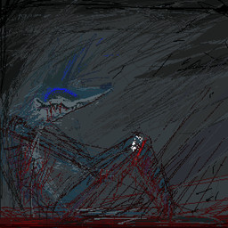 anthro blood blood_puddle blue_body blue_fur bodily_fluids fur gore male scar self-harm self-harm_scars smile solo teeth demensa emil_(demensa) canid canine canis coyote domestic_dog hybrid mammal 1:1 2019 digital_media_(artwork) pixel_(artwork)