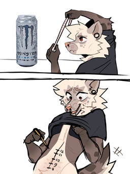 2_panel_comic 5_fingers 6_nipples ambiguous_gender anthro belly_nipples beverage beverage_can black_clothing black_shirt black_topwear blush bodily_fluids body_writing bottomless bottomless_anthro brown_body can clothed clothing clothing_lift container countershading ear_piercing embarrassed energy_drink facial_piercing fingers fur gauged_ear graded_belly hair imminent_masturbation jewelry markings measuring measuring_penetration_depth multi_nipple navel nipples nose_piercing nose_ring number number_on_body open_mouth pen piercing raised_clothing raised_topwear red_eyes ring_piercing shirt shirt_lift simple_background solo sweat sweatdrop t-shirt tail tape_measure text topwear white_body white_fur worried writing_on_belly geniebuy monster_energy hyena mammal spotted_hyena 2026 absurd_res colored colored_sketch comic digital_drawing_(artwork) digital_media_(artwork) english_text flat_colors half-length_portrait hi_res meme photography_(artwork) portrait sequence sketch female_(lore)