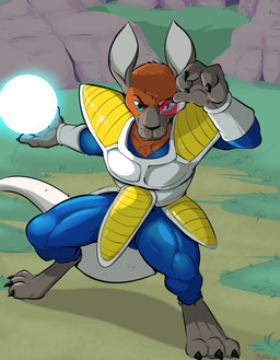 anthro armor blue_eyes claws clothed clothed_male clothing day energy_ball feet fur grass kangaroo_tail looking_at_viewer male muscular orange_body orange_fur outside plant rock smile solo standing pandottermon dragon_ball kangaroo macropod mammal marsupial 2025 colored dated hi_res signature