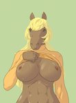 anthro athletic athletic_female big_breasts blonde_hair bodily_fluids breasts brown_nipples clothed clothing clothing_lift female hair long_hair looking_away mane mane_hair muscular muscular_female narrowed_eyes navel nipples shirt shirt_lift simple_background solo sweat sweater sweaty_breasts topwear turtleneck 9x9 equid equine horse mammal hi_res