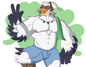 abs anthro areola armpit_hair aviator_cap aviator_goggles beak biped black_body black_feathers blue_bottomwear blue_clothing blue_shorts body_hair bottomwear bulge chest_tuft clothed clothed_anthro clothed_male clothing eyewear feather_hands feathers gesture gloves_(marking) goggles green_background hand_gesture hat headgear headwear male male_anthro markings multicolored_beak multicolored_body multicolored_feathers musclegut muscular muscular_anthro muscular_male navel nipples non-mammal_navel non-mammal_nipples open_beak open_mouth orange_beak pecs pink_areola pink_nipples scuted_legs scutes shorts simple_background solo text tongue_showing topless topless_anthro topless_male towel towel_on_shoulder tuft two_tone_beak two_tone_body two_tone_feathers white_background white_body white_feathers win-victory-love yellow_beak isaacyote nintendo tears_of_the_kingdom the_legend_of_zelda penn_(tloz) avian rito 2023 absurd_res artist_name digital_media_(artwork) hi_res watermark