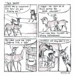 2014 4koma absurd_res anne_barnetson base_two_layout black_nose canid canine canis comic customer_service_wolf deer dialogue duo_focus english_text exclamation_point eyelashes feral four_frame_image grid_layout group hi_res imminent_vore mammal onomatopoeia open_mouth quadruped question_mark snout sound_effects speech_bubble teeth text traditional_media_(artwork) two_row_layout wolf