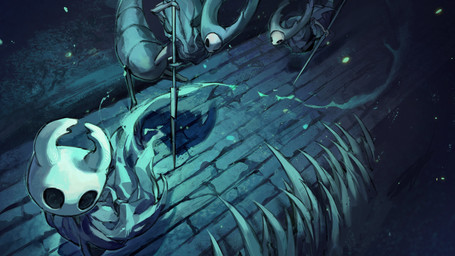 2_horns ambiguous_gender anthro arthropod_abdomen attack battle biped black_eyes cloak clothed clothing detailed_background dodging empty_eyes group holding_melee_weapon holding_object holding_weapon hollow_eyes horn melee_weapon trio weapon nenap39410 hollow_knight_(franchise) team_cherry mantis_lord_(hollow_knight) the_knight_(hollow_knight) arthropod vessel_(species) 2026 absurd_res hi_res female_(lore) nonbinary_(lore)
