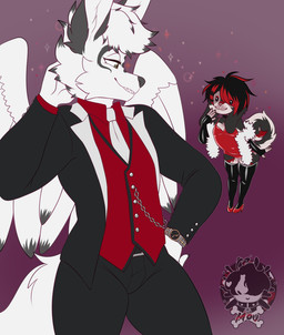 alternative_fashion anthro back_wings black_body black_fur black_hair boa_(clothing) cheek_tuft choker clock clothed clothing crossdressing curled_tail dot_eyes dress duo emo facial_tuft feathered_wings feathers femboy floppy_ears footwear fur gradient_background grey_body grey_fur grey_highlights hair hair_over_eye half-closed_eyes high_heels highlights_(coloring) jewelry latex legwear male markings narrowed_eyes necklace open_mouth open_smile purple_background red_highlights red_markings seductive sharp_teeth shoes simple_background simple_eyes smile smirk smug smug_face smug_grin stockings strapless_clothing strapless_dress suit suit_jacket suit_vest tail teeth thick_thighs thigh_highs tuft watch white_body white_fur white_hair wide_hips wings wristwatch moucchiato cass_(casstle) moucchiato_(character) canid canine canis domestic_dog elkhound fox mammal marble_fox red_fox spitz true_fox andromorph_(lore) trans_(lore) trans_man_(lore)