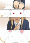 ambiguous_gender blonde_hair bottomwear clothing eyes_closed female fur hair long_hair on_model red_eyes skirt smile white_body white_fur a1 k-on! puella_magi puella_magi_madoka_magica kyubey tsumugi_kotobuki human incubator_(puella_magi) mammal comic crossover