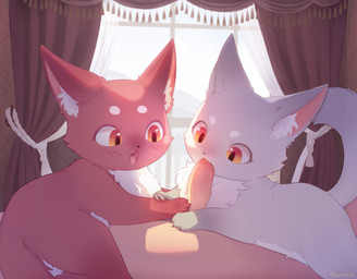 amber_eyes ambiguous_feral ambiguous_gender backlighting balls bedroom bestiality blush blush_lines bodily_fluids chest_tuft circle_eyebrows clawing claws countershade_fur countershading curtains_open day detailed_background ear_tuft eyebrows fangs_on_penis fellatio feral flesh_fang focused fur genitals grey_body grey_fur grey_pawpads group group_sex human_on_feral inside interspecies light lying lying_and_blow_position male male/ambiguous multicolored_eyes nude on_back on_front on_side one_fang open_:3 oral pawpads penile penis red_body red_fur sex side_view size_difference smaller_feral threesome touching_penis trio tuft two_tone_eyes wallpaper_(decoration) white_body white_fur raxea trash_of_the_count's_family hong_(trash_of_the_count's_family) ohn_(trash_of_the_count's_family) felid feline felis human mammal 2026 absurd_res digital_media_(artwork) hi_res lighting signature female_(lore) indirect_incest_(lore) male_(lore)