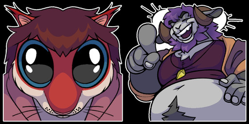 ambiguous_gender anthro belly big_belly big_eyes duo first_person_view gesture hand_gesture laugh male pointing stare sticker fetishame bovid caprine mammal rodent sciurid sheep tree_squirrel 2:1 nonbinary_(lore)