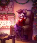 anthro armchair bottomless brown_hair chair christmas_decorations christmas_tree clothed clothing controller cookie crossed_legs eyelashes fangs female food fur furniture game_controller glistening glistening_eyes hair holidays inside looking_at_viewer on_armchair open_mouth open_smile pink_eyes plant playstation_controller purple_body purple_fur red_clothing red_tongue red_topwear sitting smile solo teeth three-quarter_view tongue topwear tree white_body white_fur mylafox christmas playstation sony_corporation sony_interactive_entertainment felid mammal 2018 dated full-length_portrait portrait signature