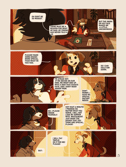 4_fingers anthro apron black_apron black_body black_clothing black_fur bottomwear brown_bottomwear brown_clothing brown_pants clothed clothing collared_shirt dialogue duo fingers fully_clothed fur furniture gesture houseplant knife_and_fork male orange_clothing orange_sweater orange_topwear pants patch_(marking) shirt shrug simple_eyes sitting speech_bubble standing stippling sweater tan_body tan_fur text topwear water_glass white_body white_fur icecube_joey canid canine canis domestic_dog mammal 3:4 comic hi_res